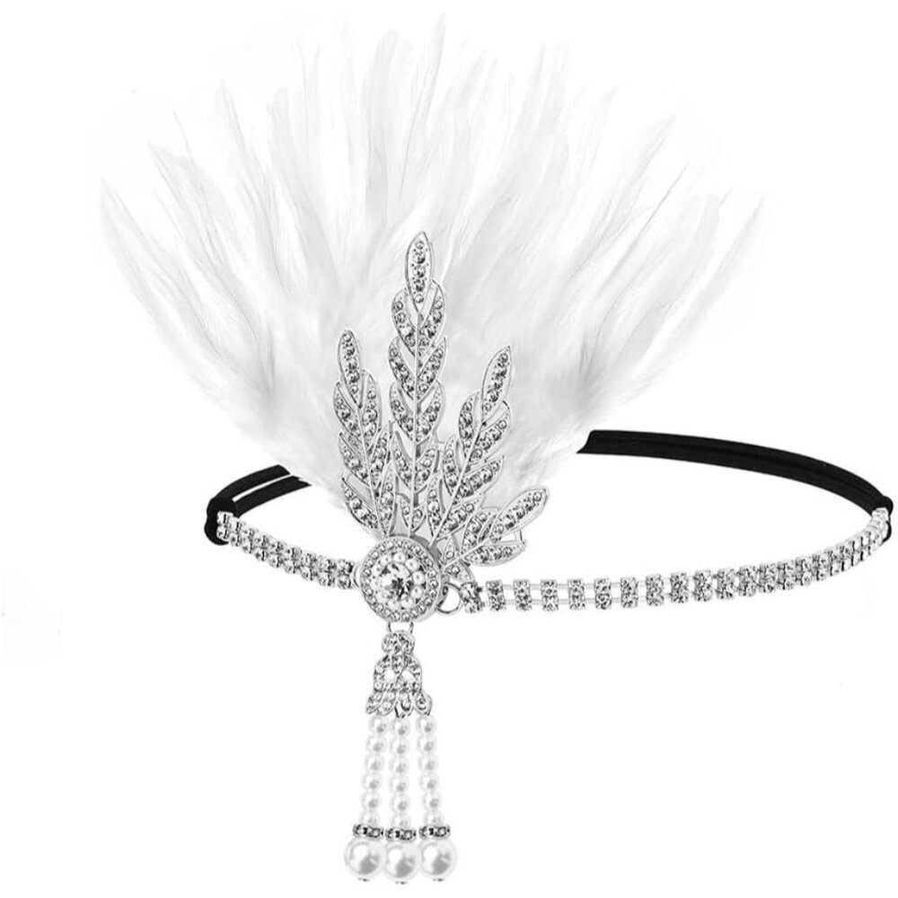 1920s Flapper Headpiece Feather Rhinestone Pearl Chain Vintage Wedding